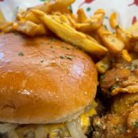 Wing & Burger Combo · Cheeseburger, Wings w/ Fries Cajun Drizzled