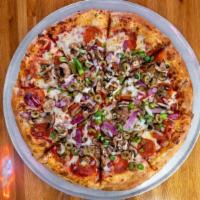 Supreme · Pepperoni, sausage, mushroom, onion, green olive, green peppers.