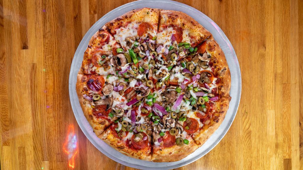 Supreme · Pepperoni, sausage, mushroom, onion, green olive, green peppers.