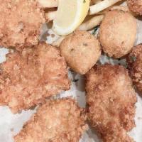 Shrimp Platter · 8 hand breaded fried shrimp. panko. fries and hushpuppies