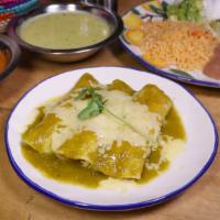 Enchiladas Verdes · (3) Hand Rolled tortilla stuffed with Chicken topped with green salsa and cheese.