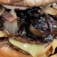 Mushroom Swiss · Double Patty, Smoked Provolone Cheese, Caramelized Onion, Beer Marinated Mushrooms, and Au J...