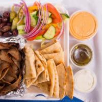 Gyro Plate · 1 pita cut, choice of meat, tzatziki, hummus, and a choice of 1 side (fries, rice, or salad)