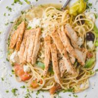 Jado'Z Chicken Pasta · Spaghetti noodles tossed in a butter wine sauce with kalamata olives, pepperoncini, bell pep...