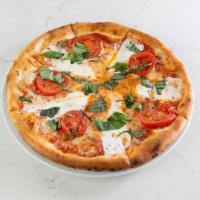 The Queen [Veg] · traditional margherita with marinara sauce, tomatoes, mozzarella & parmesan cheese; finished...