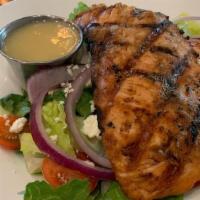 Salad - Grilled Salmon Salad · 420 Cal. Grilled salmon over a blend of mixed field greens, crisp romaine lettuce, cherry to...