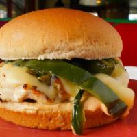 Roasted Poblano Chicken Sandwich · Grilled chicken breast on a wheat bun with roasted poblano peppers, pepper jack cheese, chip...