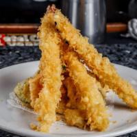 Shrimp Tempura · Fried shrimp in tempura batter served on top of vegetable tempura.