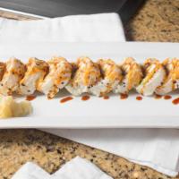 Chicken Roll · Chicken katsu & avocado wrapped in soy paper, topped with eel sauce & spicy mayo.