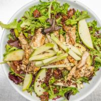 Apple Pecan Salad · Mixed greens, green apples, candied pecans, quinoa & blue cheese crumbles topped with grille...