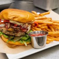 Rosemary Turkey Burger · Seasoned turkey, rosemary parmesan bacon, pickled red onions, roasted red peppers, garlic ai...