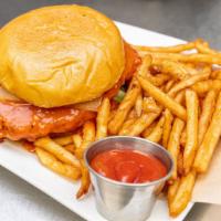 Buffalo Chicken Sandwich · Country fried chicken tossed in tavern buffalo sauce & topped with lettuce, tomato & Swiss c...