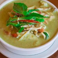 Green Curry · Green curry chili paste in coconut milk with bamboo shoot, bell pepper, basil and eggplant