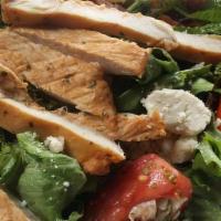Cobb Salad · Marinated chicken breast, mixed greens, tomatoes, avocado, egg, bacon, blue cheese crumbles ...