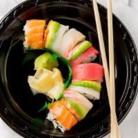 Rainbow Roll · California roll, top with assorted fish.