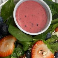 Berry Spinach Salad · Baby spinach, strawberries, blue berries, dried cherries, pecans, gorgonzola with Berries vi...