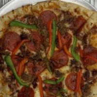 Meat Lovers Pizza · Pepperoni, Italian sausage, roasted bell peppers, red onion, bacon, mozzarella
