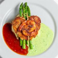 Blackened Chicken Shrimp · Marinated grilled chicken breast with two jumbo shrimp blackened on a bed of garlic whipped ...