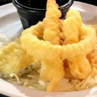 Shrimp & Vegetable Tempura App · Lightly battered & fried shrimp and vegetables 
(2 pcs of shrimp & assorted vegetables)