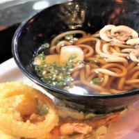 Veggie Udon  · Noodle soup served with vegetables and scallions