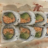 Spicy California Roll · Spicy. Raw. (IN - Spicy crabmeat, avocado, cucumber) , 
(Out - Rice Outside)