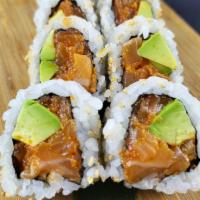 Spicy Salmon Roll · Spicy. Raw. (IN - Spicy salmon, avocado) , 
(Out - Rice outside) 

Consuming raw or undercoo...