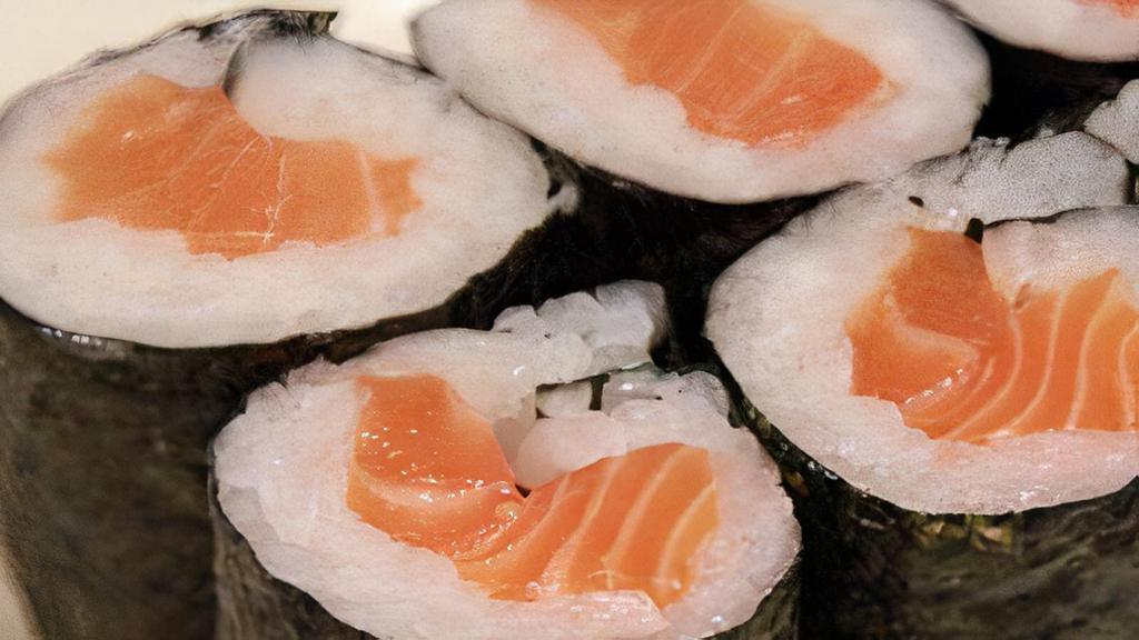 Salmon Roll · Raw. (IN - Salmon) , 
(Out - Seaweed outside) 

Consuming raw or undercooked meats, poultry, seafood, shellfish or eggs may increase your risk of foodborne illness.