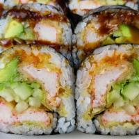 Crab Tempura Roll · (IN - Crab tempura, with cucumber, avocado) , 
(Out - Eel sauce and masago on top)