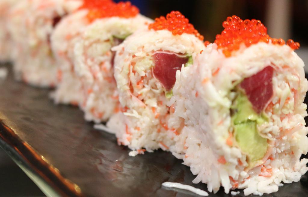 Lady Bug Roll · Raw. (IN - Tuna, crabmeat, avocado, asparagus wrapped in soy paper) ,  
(Out - Crabmeat , red caviar on top w / creamy sauce)

Consuming raw or undercooked meats, poultry, seafood, shellfish or eggs may increase your risk of foodborne illness.