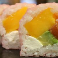 Mango Fandango Roll · Raw. (IN - Salmon, mango, avocado, w/cream cheese wrapped in  soy  paper with creamy sauce) ...