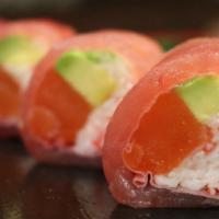 Love Love Roll · (IN - Crab meat , fresh  salmon, avocado) , 
(Out - Wrapped   in Fresh tuna and soy paper wi...