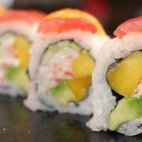 Cherry Blossom Roll · Raw. (IN - Crabmeat, avocado,  mango) ,  
(Out  - Tuna , salmon and creamy sauce on top)

Co...