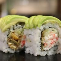 Caterpillar Roll · (IN - Baked eel, cucumber, crabmeat) ,  
(Out - Avocado and eel sauce on top)