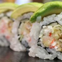 Green Frog Roll · (IN - Cucumber, crabmeat, tempura soft shell crab) , 
(Out - Avocado and eel sauce on top)