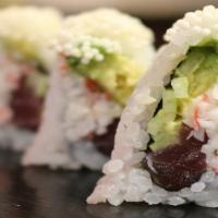 Pyramid Roll · (IN - Crabmeat, tuna, avocado, cucumber) , 
(Out - Rice crackers, eel sauce,   spicy mayo, w...