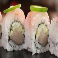 Red Ocean Roll · Spicy. Raw. (IN - Yellowtail, cucumber, hot mustard) ,  
(Out - Red snapper, jalapenos and s...