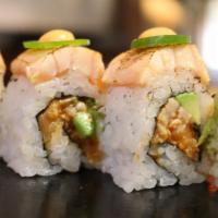 Stephony Roll · Spicy. (IN - Spicy salmon, cucumber, hot mustard) , 
(Out - Seared salmon, jalapenos on top)