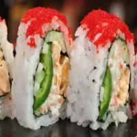Tears In Heaven Roll · Spicy. (IN - Baked salmon, jalapenos, hot mustard, crab meat) , 
(Out - Habanero  caviar and...