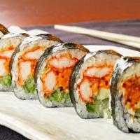 Whats Up Roll · (IN - Crab stick tempura, spicy salmon , cucumber and avocado) , 
(Out - Spicy miso sauce on...