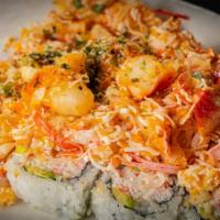 Lobster Dynamite Roll · (IN - Crabmeat, avocado) , 
(Out - Onion, crab meat, baked lobster, shrimp, and crab sticks ...