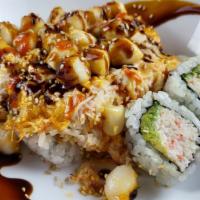 !* Volcano Roll · Spicy. (IN - Crabmeat, avocado) , 
(Out - Baked crabmeat , scallops with spicy mayo and eel ...