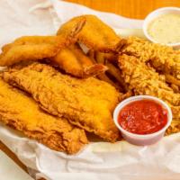 2 Pc Catfish, 2 Pc Chicken Tender & 3 Pc Shrimp Combo · Comes with 2 sides and hushpuppies