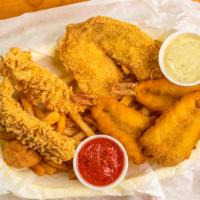 2 Tilapia Fillets, 2 Pc Chicken Tender & 3 Pc Jumbo Shrimp · Comes with 2 sides and hushpuppies