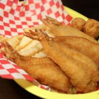 2 Pc Chicken Tender & 3 Pc Jumbo Shrimp · Comes with 2 sides and hushpuppies