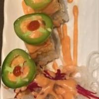Sunrise Roll · Shrimp tempura, eel, cream cheese, and topped with spicy crabmeat, spicy mayo, jalapeño, and...