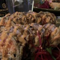 Mamasang · Crabmeat, spicy tuna, cream cheese, spicy mayo, and eel sauce