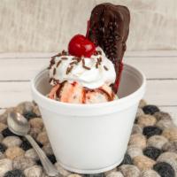 Gansito Sundae · Two scoops of Gansito ice cream, a Gansito, chocolate and strawberry syrup, whip cream and c...