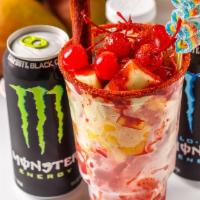 Monster Chamoy · Monster drink, cucumber, pineapple, strawberry, cherry, gummies, lime juice, chamoy, chile-l...