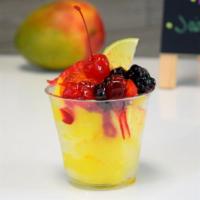 Piña Gummy Cup · Pineapple Italian ice, fresh pineapple, strawberry, chamoy gummies, lime wedge, cherry.
