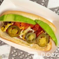 Jumbo Hot Dog · Red link wrapped with bacon, mayo, ketchup, mustard, sautéed onions, tomato, avocado, jalape...